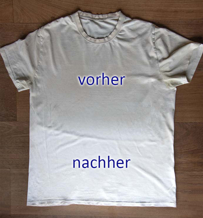 Die Wirkung der Whitening-Sticks demonstriert an einem T-Shirt.