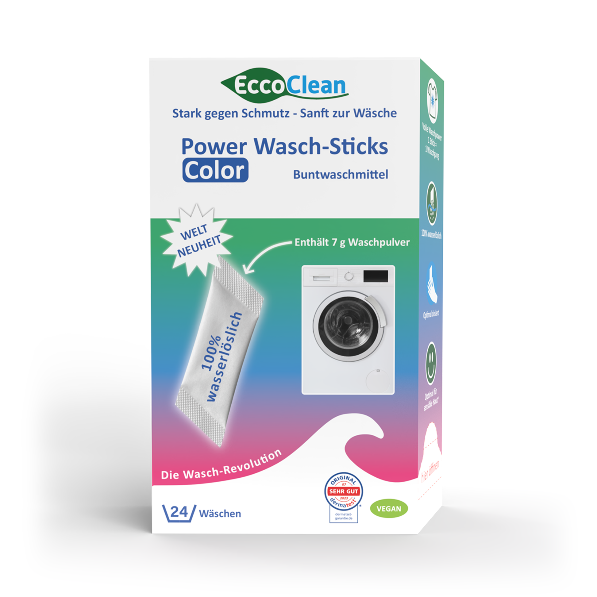 Die Verpackung der EccoClean Power Wasch-Sticks Color