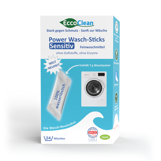 Die Verpackung der EccoClean Power Wasch-Sticks Sensitiv